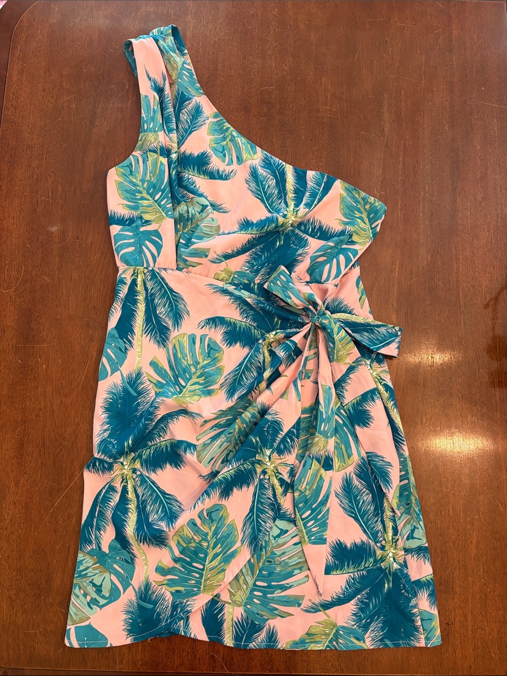 Cupshe One-Shoulder Tropical Palm Print Dress - Pink & Teal